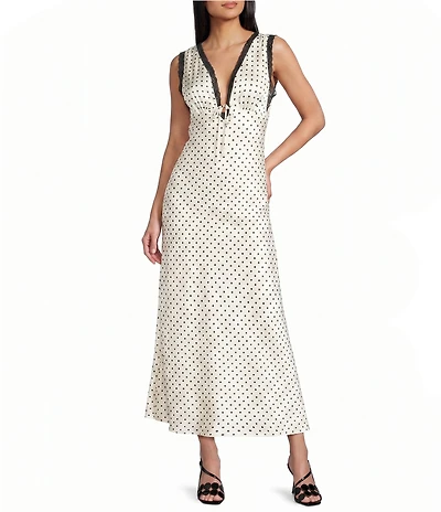 Allison & Kelly Satin Polka Dot V-Neck Lace Trim Midi Dress