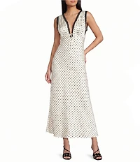 Allison & Kelly Satin Polka Dot V-Neck Lace Trim Midi Dress