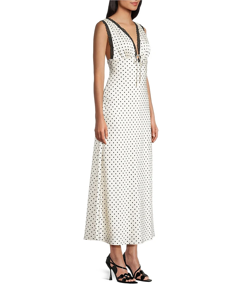 Allison & Kelly Satin Polka Dot V-Neck Lace Trim Midi Dress