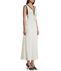 Allison & Kelly Satin Polka Dot V-Neck Lace Trim Midi Dress