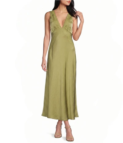 Allison & Kelly Satin V-Neck Lace Trim Maxi Dress