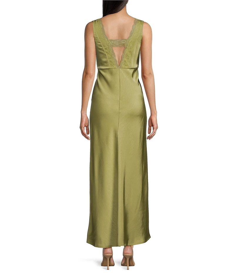 Allison & Kelly Satin V-Neck Lace Trim Maxi Dress