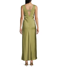 Allison & Kelly Satin V-Neck Lace Trim Maxi Dress