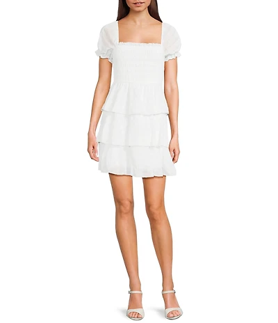 Allison & Kelly Seersucker Chiffon Smocked Puff Sleeve Tiered Dress