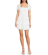 Allison & Kelly Seersucker Chiffon Smocked Puff Sleeve Tiered Dress
