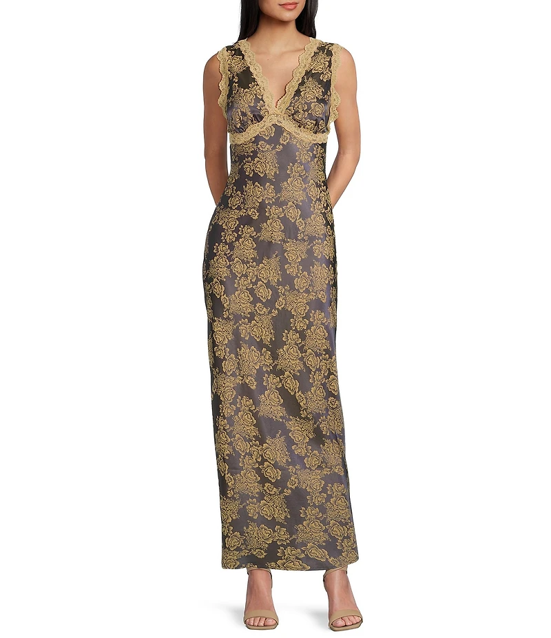 Allison & Kelly Sleeveless Burnout Lace V-Neck Long Dress