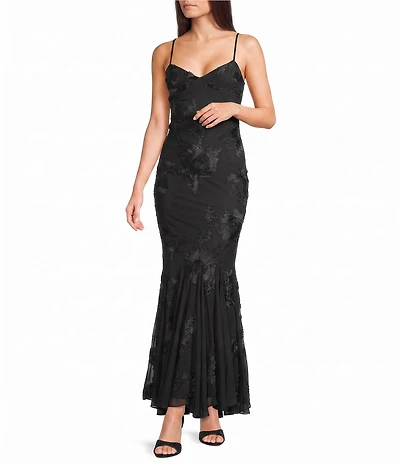 Allison & Kelly Soutache Embroidered Mesh V-Neck Godet Hem Dress