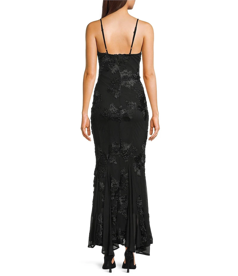 Allison & Kelly Soutache Embroidered Mesh V-Neck Godet Hem Dress