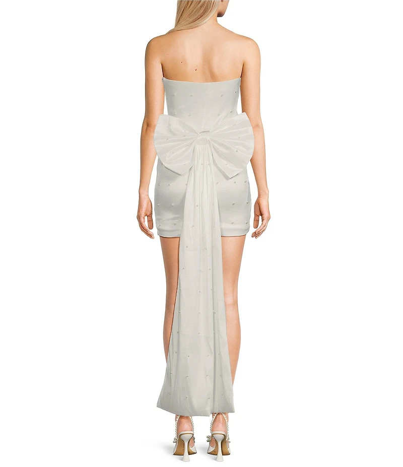 Allison & Kelly Strapless Pearl Taffeta Bow Back Mini Train Dress