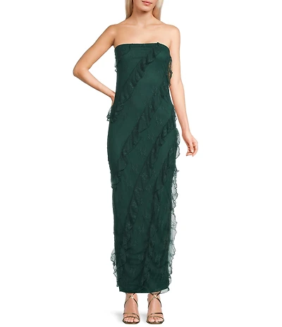 Allison & Kelly Strapless Lace Asymmetric Ruffle Midi Dress