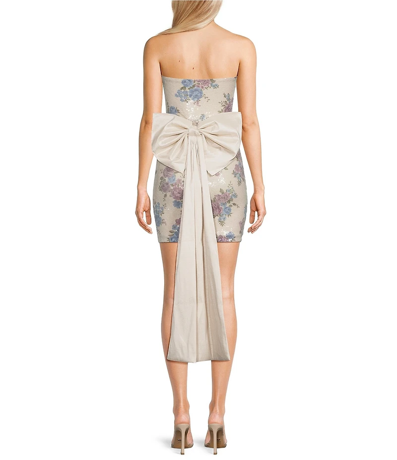 Allison & Kelly Strapless Sequin Embellished Floral Printed Bow Back Dress