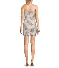 Allison & Kelly Strapless Sequin Embellished Floral Printed Bow Back Dress