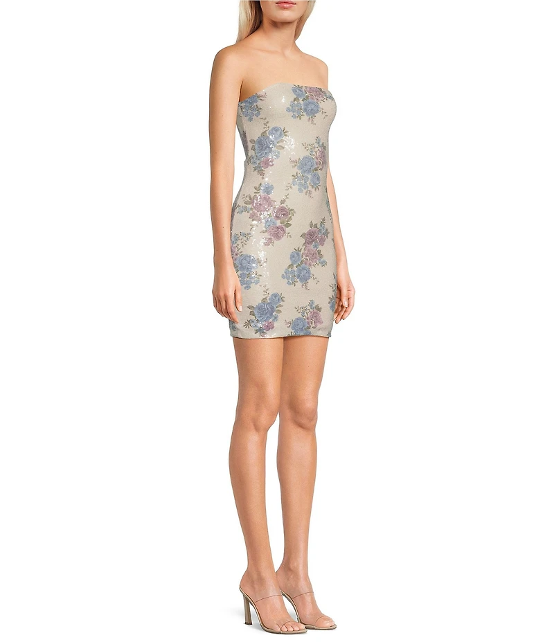 Allison & Kelly Strapless Sequin Embellished Floral Printed Bow Back Dress