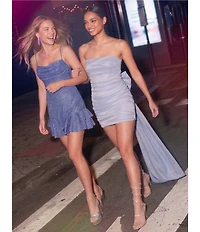 Allison & Kelly Strapless Taffeta Bow Back With Detachable Train Mini Dress