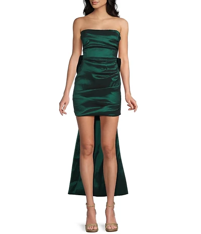 Allison & Kelly Strapless Taffeta Bow Back With Detachable Train Mini Dress