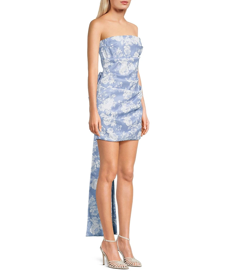 Allison & Kelly Strapless Taffeta Floral Print Bow Back Mini Dress