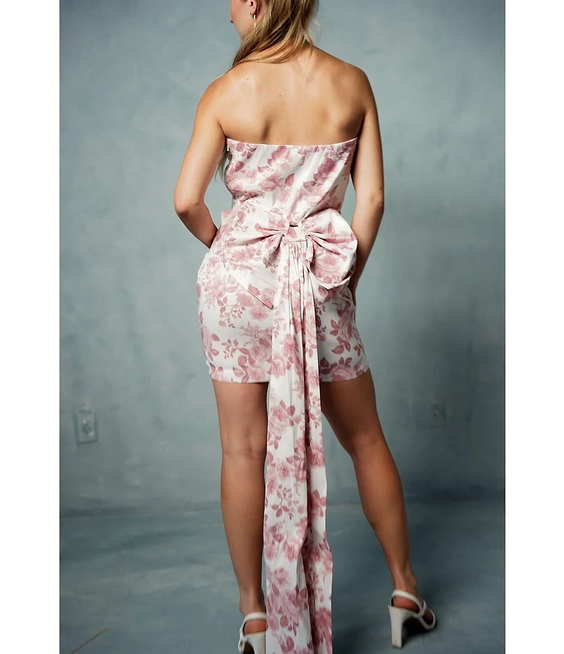 Allison & Kelly Strapless Taffeta Floral Print Bow Back Mini Dress