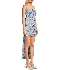 Allison & Kelly Strapless Taffeta Floral Print Bow Back Mini Dress