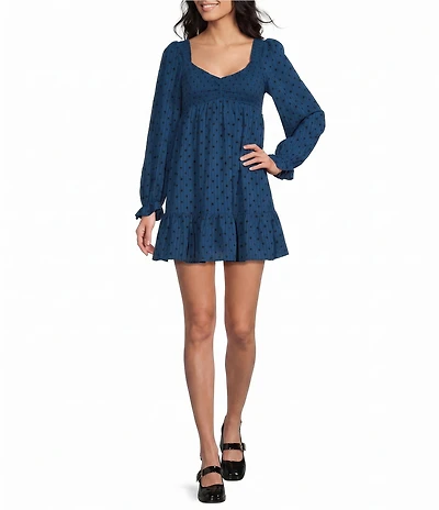 Allison & Kelly Textured Dot V-Neck Smocked Long Sleeve Babydoll Dress