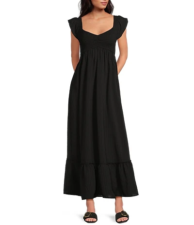 Allison & Kelly Textured Woven V-Neck Flutter Sleeve Smocked Dress