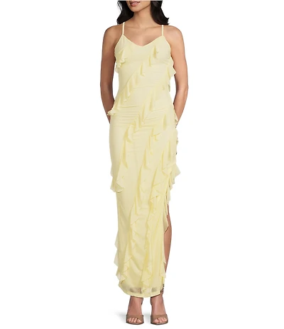 Allison & Kelly V-Neck Asymmetrical Ruffled Maxi Dress