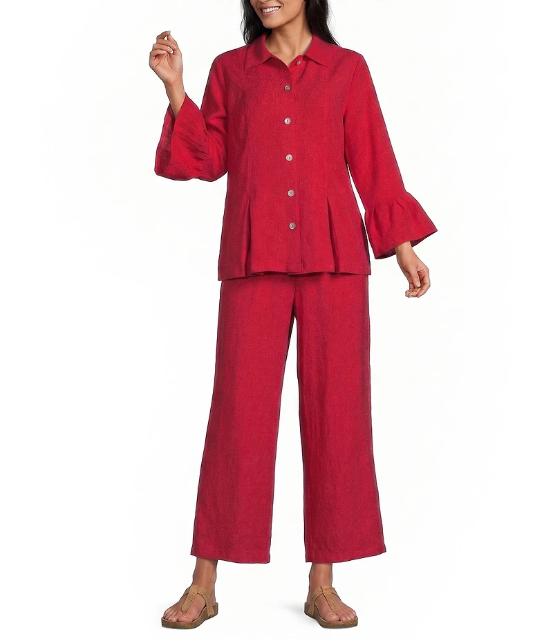 Allison Daley Coordinating 3/4 Flounce Sleeve Button Front Point Collar Top