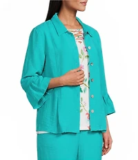 Allison Daley 3/4 Flounce Sleeve Button Front Point Collar Top