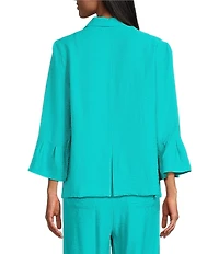 Allison Daley 3/4 Flounce Sleeve Button Front Point Collar Top