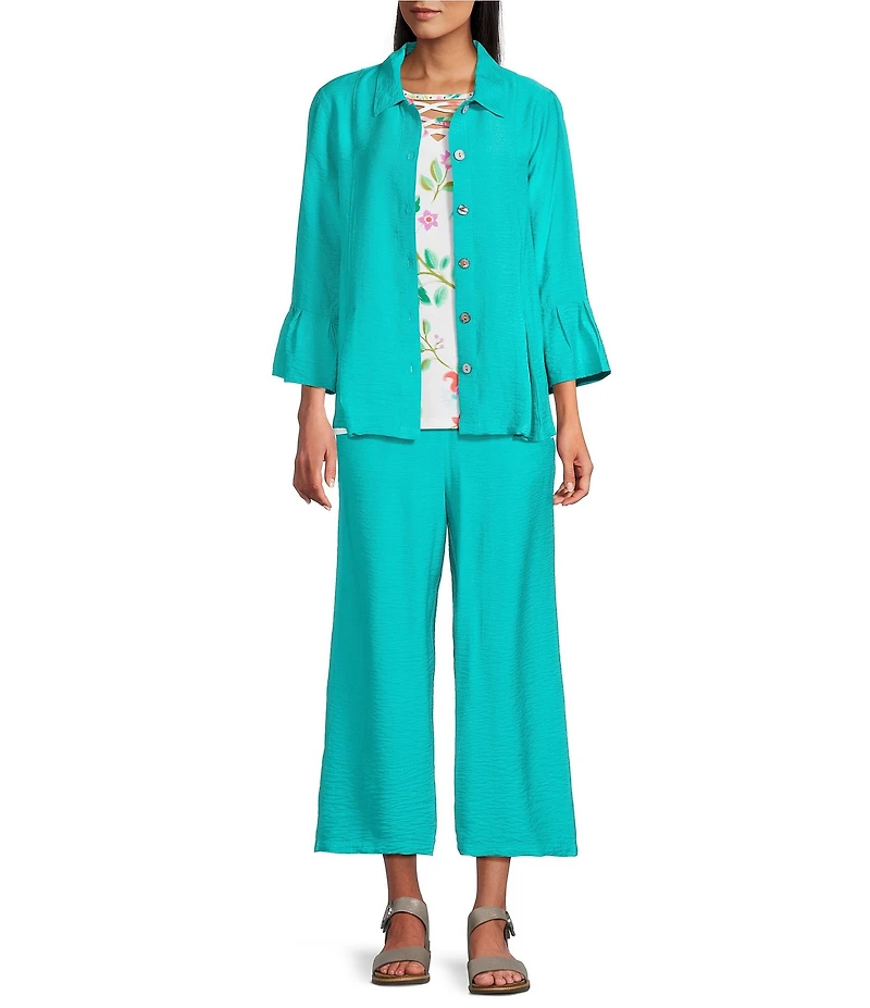 Allison Daley 3/4 Flounce Sleeve Button Front Point Collar Top