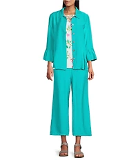 Allison Daley 3/4 Flounce Sleeve Button Front Point Collar Top