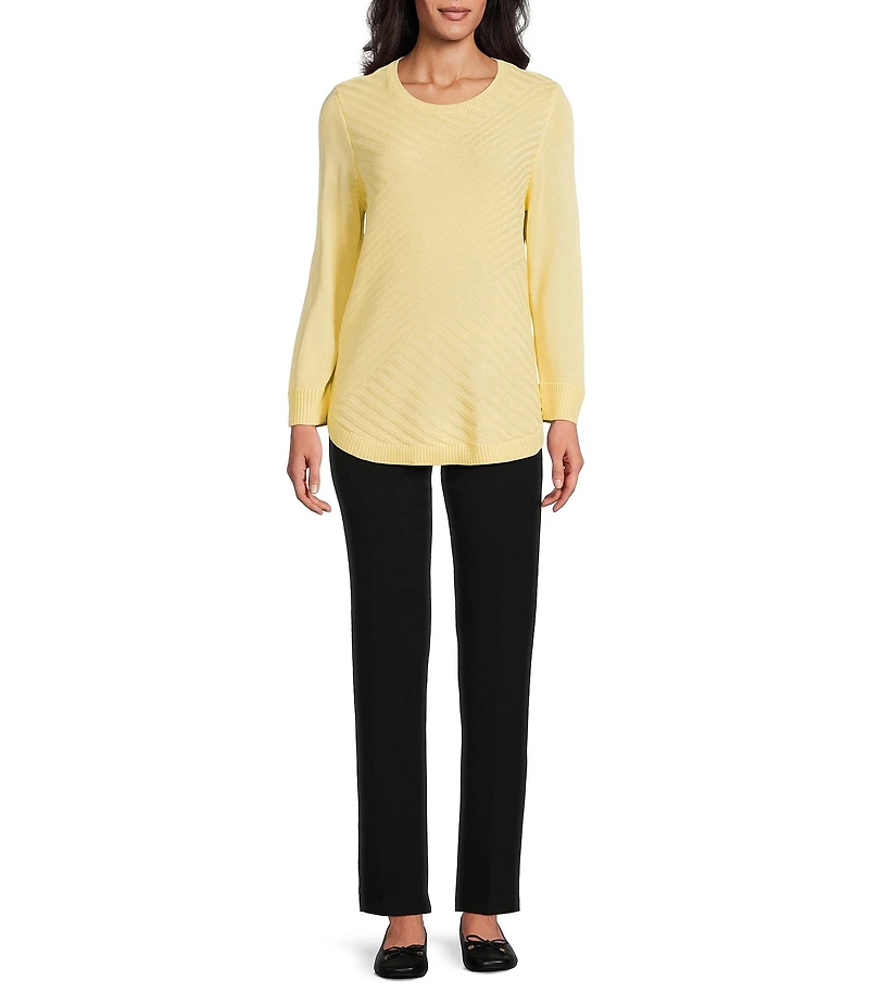 Allison Daley 3/4 Sleeve Crew Neck Curve Hem Diagonal Rib Front Sweater