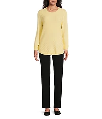 Allison Daley 3/4 Sleeve Crew Neck Curve Hem Diagonal Rib Front Sweater