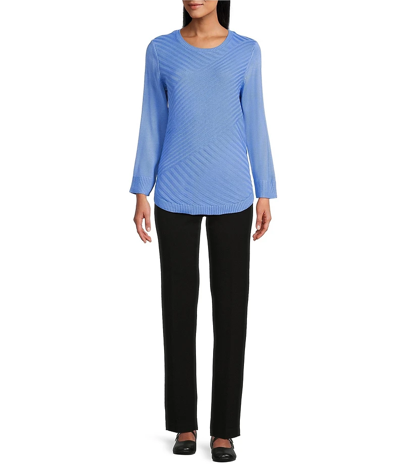 Allison Daley 3/4 Sleeve Crew Neck Curve Hem Diagonal Rib Front Sweater
