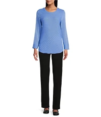 Allison Daley 3/4 Sleeve Crew Neck Curve Hem Diagonal Rib Front Sweater