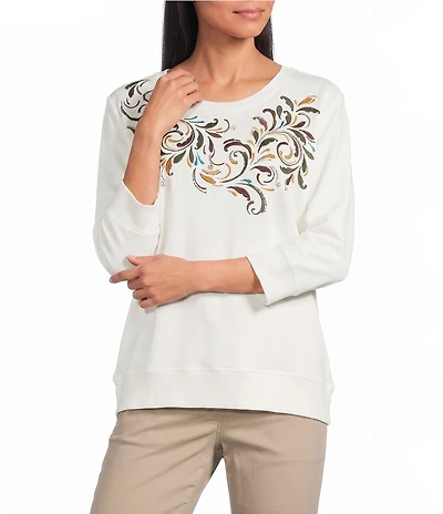 Allison Daley 3/4 Sleeve Crew Neck Embordered Top