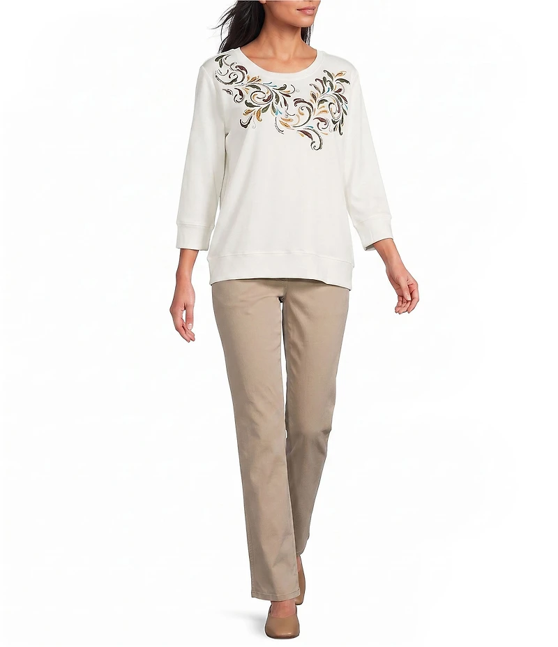 Allison Daley 3/4 Sleeve Crew Neck Embordered Top