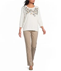 Allison Daley 3/4 Sleeve Crew Neck Embordered Top