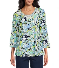 Allison Daley 3/4 Sleeve Crew Neck Lace Detail Knit Top