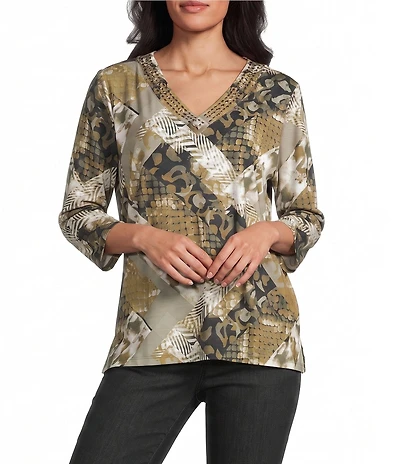 Allison Daley 3/4 Sleeve Embellished V-Neck Side Tie Hem Top