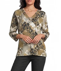 Allison Daley 3/4 Sleeve Embellished V-Neck Side Tie Hem Top