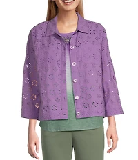 Allison Daley 3/4 Sleeve Point Collar Button Front Eyelet Jacket