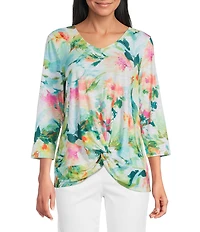 Allison Daley 3/4 Sleeve V-Neck Knot Hem Knit Top