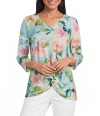 Allison Daley 3/4 Sleeve V-Neck Knot Hem Knit Top