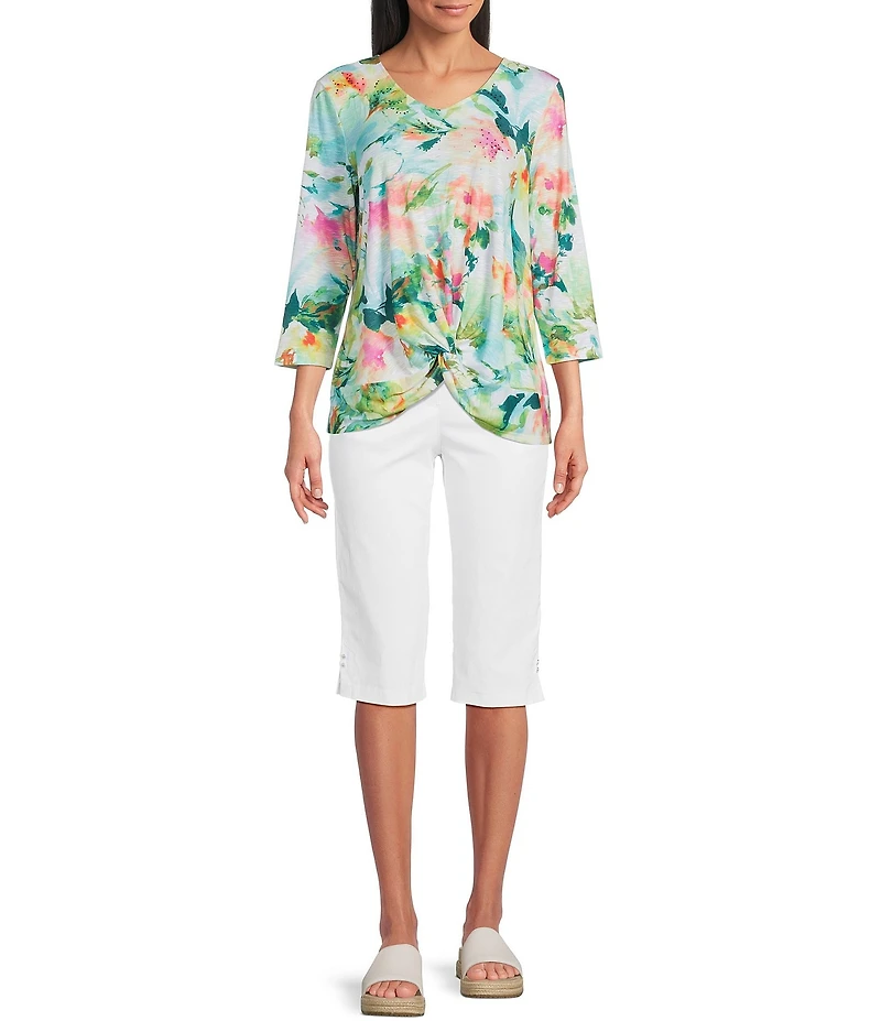 Allison Daley 3/4 Sleeve V-Neck Knot Hem Knit Top