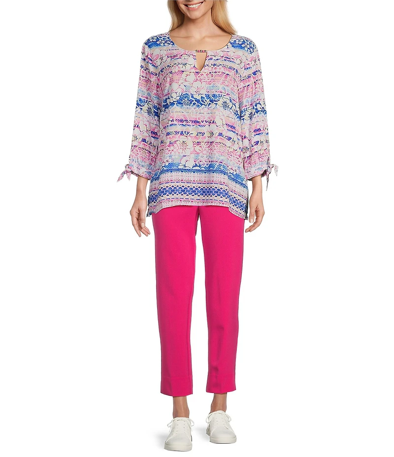 Allison Daley 3/4 Tie Sleeve Keyhole Neck Blouse