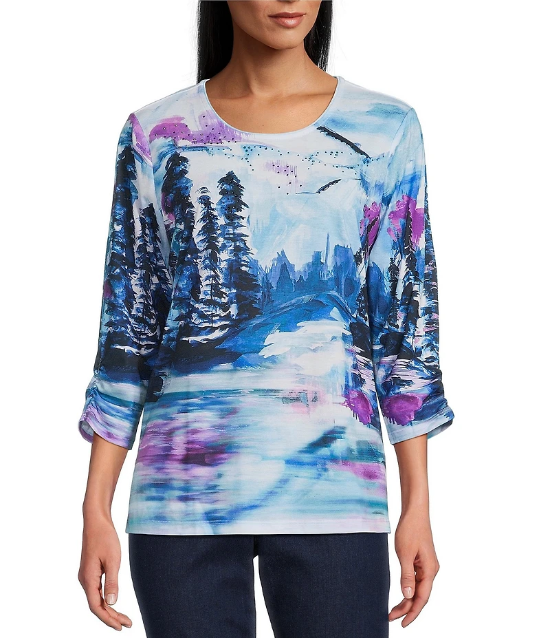 Allison Daley Alpine Breeze Print 3/4 Sleeve Crew Neck Knit Top
