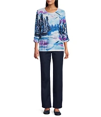 Allison Daley Alpine Breeze Print 3/4 Sleeve Crew Neck Knit Top