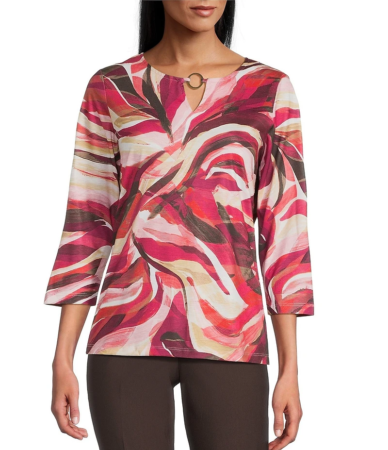 Allison Daley Autumn Zebra Print 3/4 Sleeve Keyhole Neck Knit Top