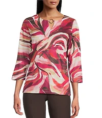 Allison Daley Autumn Zebra Print 3/4 Sleeve Keyhole Neck Knit Top