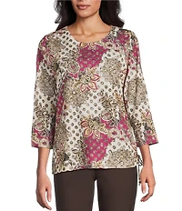 Allison Daley Batik Floral Print 3/4 Sleeve Crew Neck Knot Hem Top